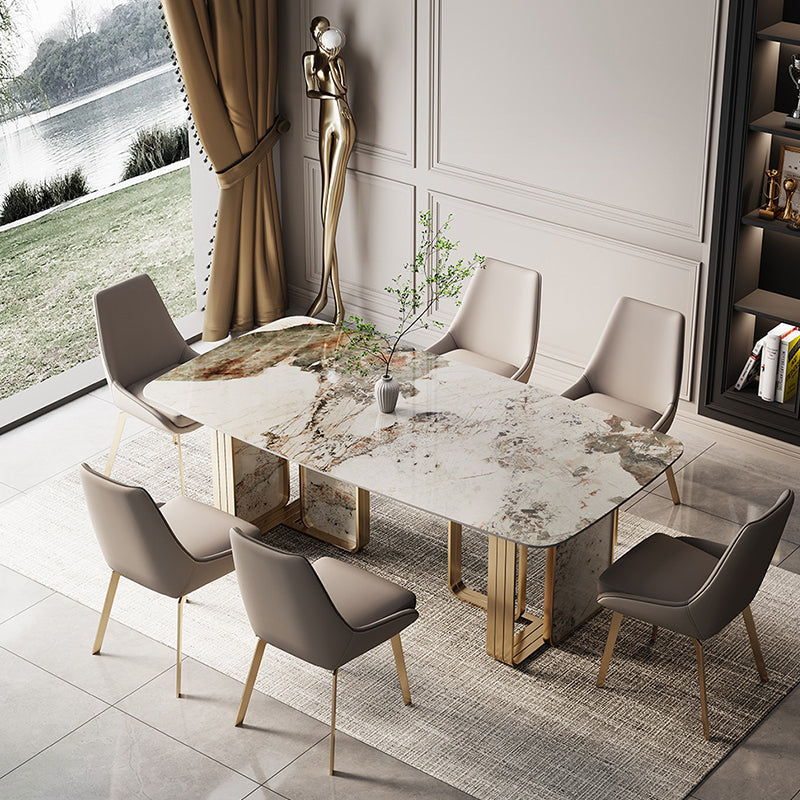 金の金属二重台座付きの豪華な焼結石トップテーブル長方形のテーブル