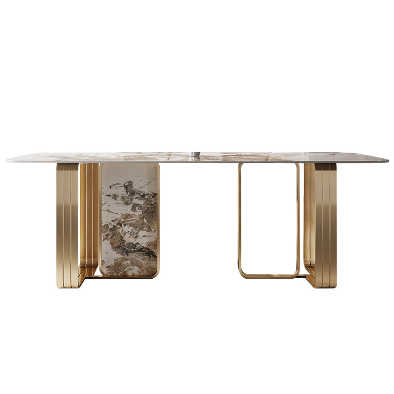 金の金属二重台座付きの豪華な焼結石トップテーブル長方形のテーブル