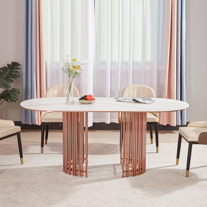 Table à manger top ovale blanc table à manger de luxe traditionnelle avec cadre en or rose