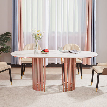 Table à manger top ovale blanc table à manger de luxe traditionnelle avec cadre en or rose