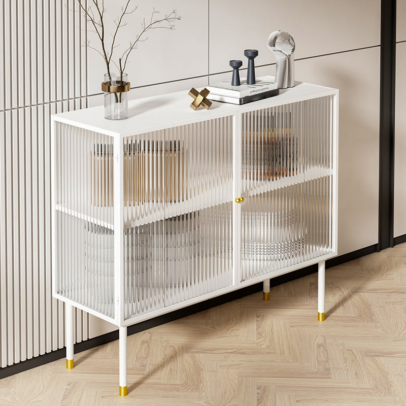39.5"L Glam Iron Sideboard Striped Glass Doors Cabinets Dining Server for Living Room White Clearhalo 'buffet_sideboard' 'Buffets & Sideboards' 'furn' 'furn_buffet_sideboard' 'Furniture' 'Kitchen & Dining Furniture' 5648741