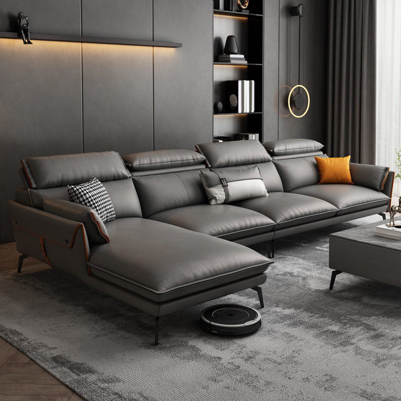 Modern Sofa & Chaise 4-seat Faux Leather Flared Arm Sectional