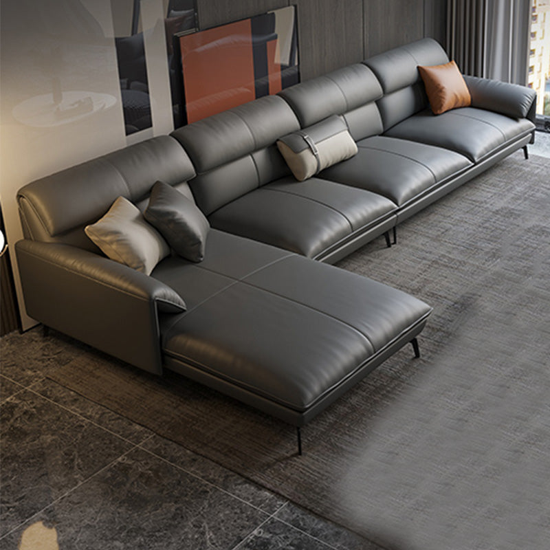 Genuine Leather Sectional Dark Gray Pillow Top Arm Sectional for Living Room Clearhalo 'furn' 'furn_sectionals' 'Furniture' 'Living Room Furniture' 'Sectionals' 5650776