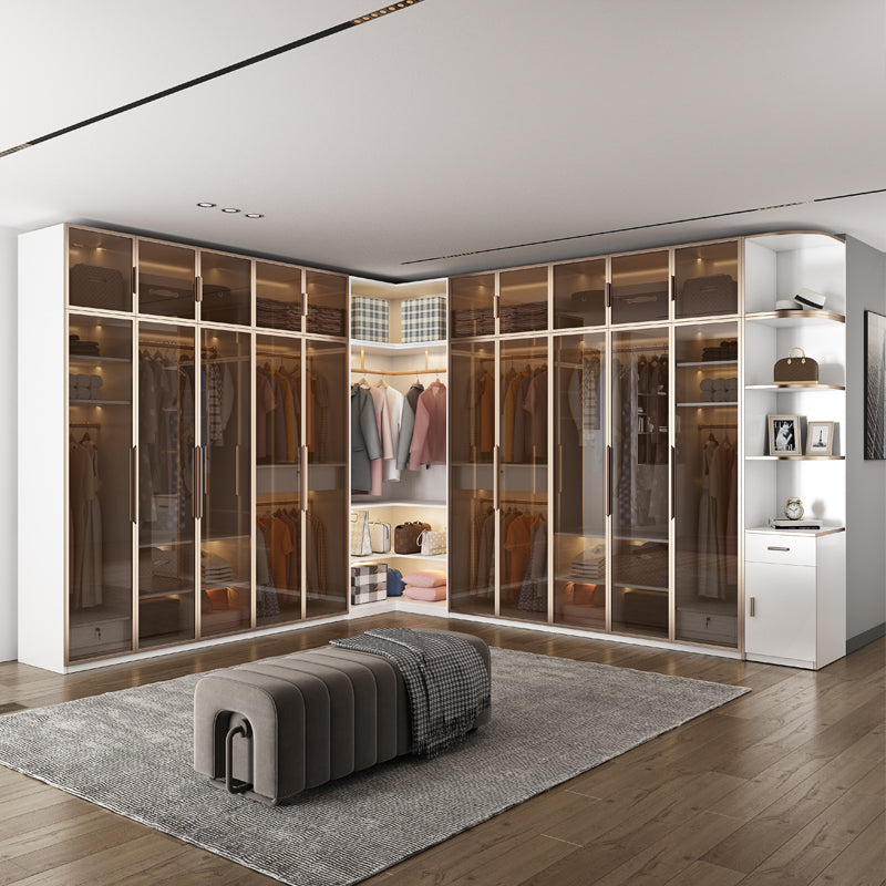 ガラスドアを備えた白い製造された木製キャビネットモダンなヒンジ付きドアワードローブ