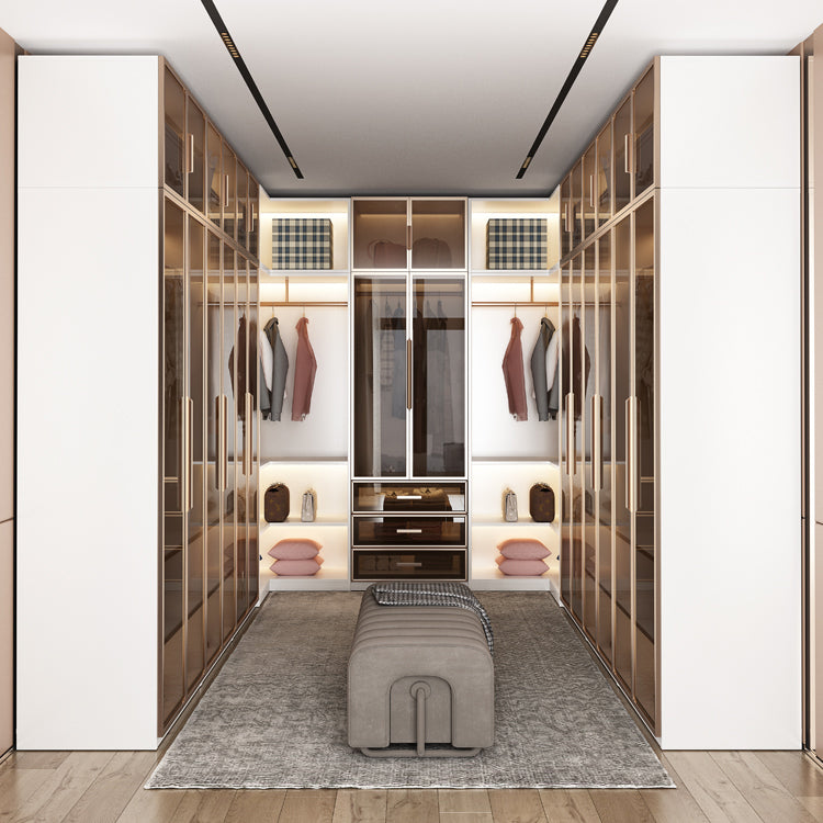 ガラスドアを備えた白い製造された木製キャビネットモダンなヒンジ付きドアワードローブ