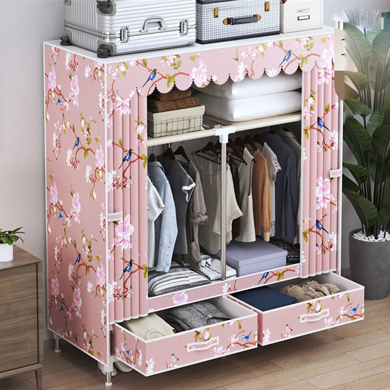 Modern Style Wardrobe Armoire Silver Steel Frame Wardrobe with Drawer 39"L x 18"W x 65"H Pink Clearhalo 'Armoires & Wardrobes' 'armoires_wardrobes' 'Bedroom Furniture' 'furn' 'furn_armoires_wardrobes' 'Furniture' 5652386