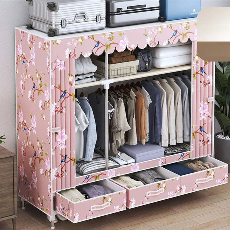 Modern Style Wardrobe Armoire Silver Steel Frame Wardrobe with Drawer 51"L x 18"W x 65"H Pink Clearhalo 'Armoires & Wardrobes' 'armoires_wardrobes' 'Bedroom Furniture' 'furn' 'furn_armoires_wardrobes' 'Furniture' 5652388