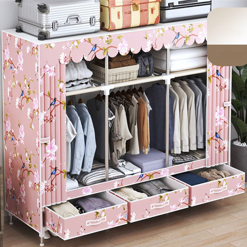 Modern Style Wardrobe Armoire Silver Steel Frame Wardrobe with Drawer 59"L x 18"W x 65"H Pink Clearhalo 'Armoires & Wardrobes' 'armoires_wardrobes' 'Bedroom Furniture' 'furn' 'furn_armoires_wardrobes' 'Furniture' 5652390