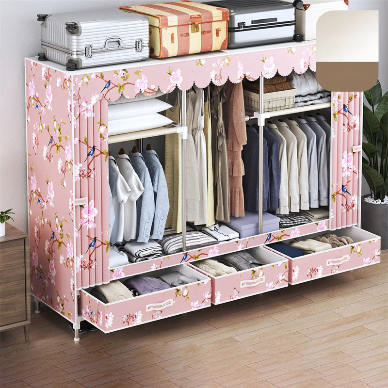 Modern Style Wardrobe Armoire Silver Steel Frame Wardrobe with Drawer 65"L x 18"W x 65"H Pink Clearhalo 'Armoires & Wardrobes' 'armoires_wardrobes' 'Bedroom Furniture' 'furn' 'furn_armoires_wardrobes' 'Furniture' 5652392