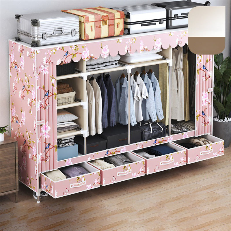 Modern Style Wardrobe Armoire Silver Steel Frame Wardrobe with Drawer 79"L x 18"W x 65"H Pink Clearhalo 'Armoires & Wardrobes' 'armoires_wardrobes' 'Bedroom Furniture' 'furn' 'furn_armoires_wardrobes' 'Furniture' 5652394