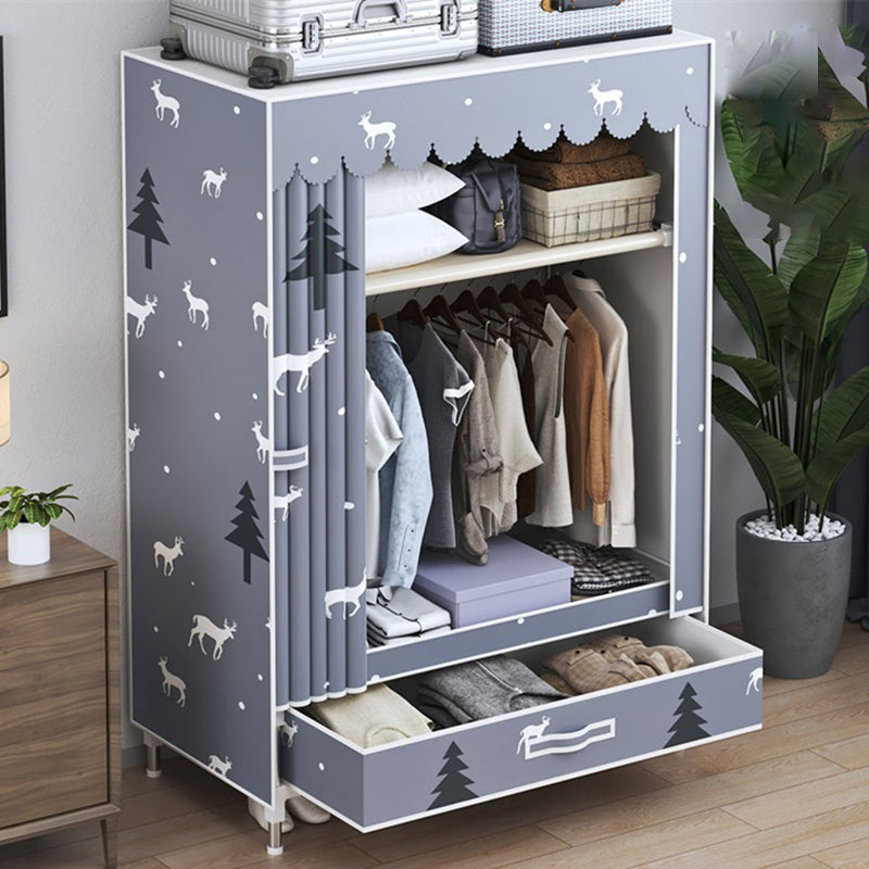 Modern Style Wardrobe Armoire Silver Steel Frame Wardrobe with Drawer 24"L x 18"W x 65"H Purple Clearhalo 'Armoires & Wardrobes' 'armoires_wardrobes' 'Bedroom Furniture' 'furn' 'furn_armoires_wardrobes' 'Furniture' 5652396