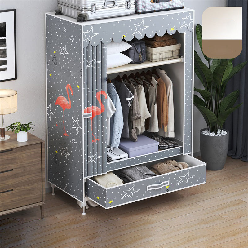 Modern Style Wardrobe Armoire Silver Steel Frame Wardrobe with Drawer 24"L x 18"W x 65"H Flamingo Clearhalo 'Armoires & Wardrobes' 'armoires_wardrobes' 'Bedroom Furniture' 'furn' 'furn_armoires_wardrobes' 'Furniture' 5652417
