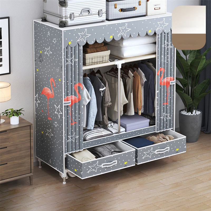Modern Style Wardrobe Armoire Silver Steel Frame Wardrobe with Drawer 39"L x 18"W x 65"H Flamingo Clearhalo 'Armoires & Wardrobes' 'armoires_wardrobes' 'Bedroom Furniture' 'furn' 'furn_armoires_wardrobes' 'Furniture' 5652418