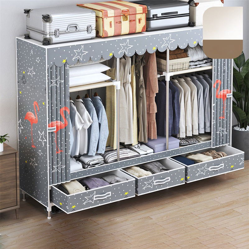 Modern Style Wardrobe Armoire Silver Steel Frame Wardrobe with Drawer 65"L x 18"W x 65"H Flamingo Clearhalo 'Armoires & Wardrobes' 'armoires_wardrobes' 'Bedroom Furniture' 'furn' 'furn_armoires_wardrobes' 'Furniture' 5652421
