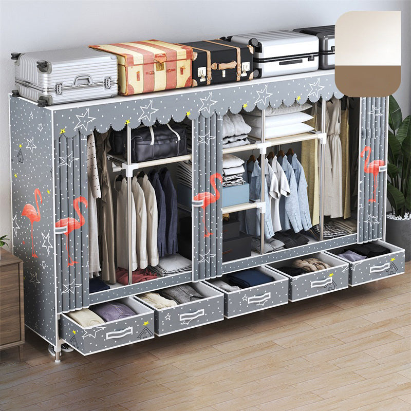 Modern Style Wardrobe Armoire Silver Steel Frame Wardrobe with Drawer 98.5"L x 18"W x 65"H Flamingo Clearhalo 'Armoires & Wardrobes' 'armoires_wardrobes' 'Bedroom Furniture' 'furn' 'furn_armoires_wardrobes' 'Furniture' 5652423