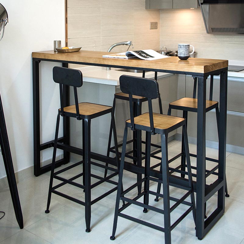 Juego de mesa de bar industrial de madera maciza, mesa de mostrador rectangular de 1/5 piezas con taburetes altos
