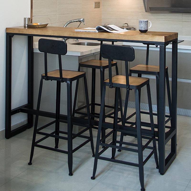 Juego de mesa de bar industrial de madera maciza, mesa de mostrador rectangular de 1/5 piezas con taburetes altos