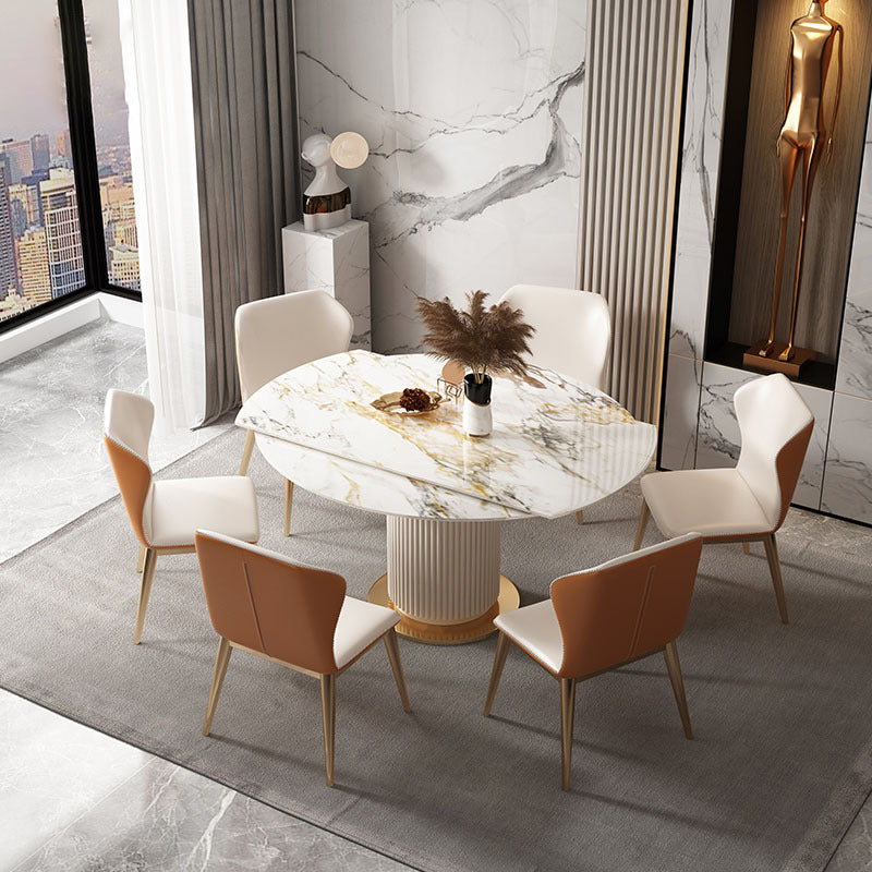 Glam Round Dining Set Stone 1/4/7 Pieces Dining Furniture for Indoor 7 Pieces: Table, 6 Chairs Clearhalo 'Dining Room Sets' 'Dining Tables & Seating' 'dining_room_set' 'furn' 'furn_dining_room_set' 'Furniture' 'Kitchen & Dining Furniture' 5654843