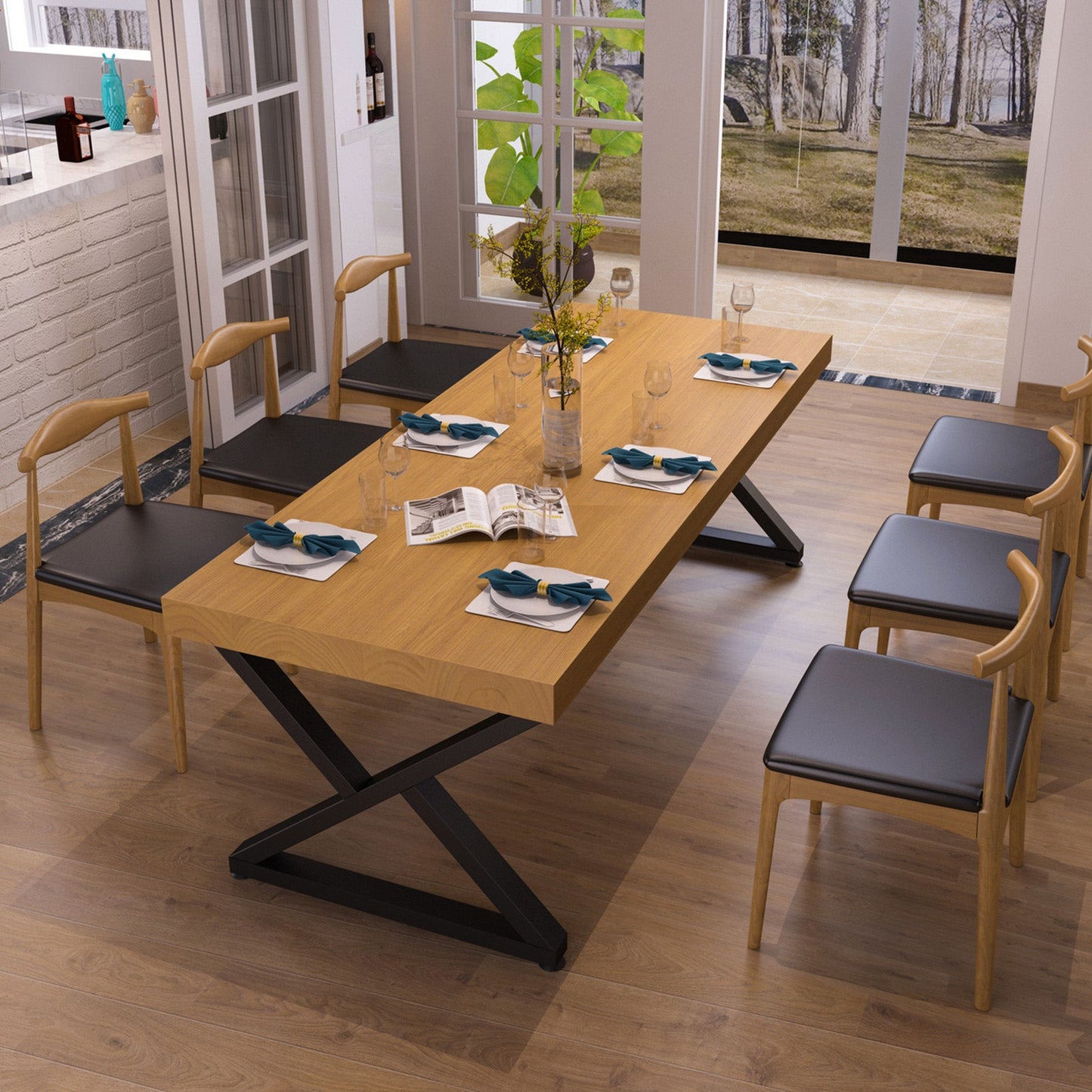 Set da pranzo rettangolare da 1/2/7 pezzi, mobili da pranzo con doppio piedistallo