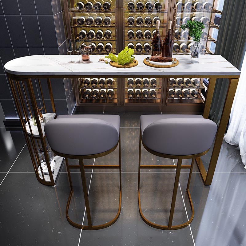 Modern 1/3/5 Pieces Bar Table Set Stone Counter Table with High Stools 3 Pieces: White-Gold Table, 2 Light Gray Stools Clearhalo 'Bar Furniture' 'furn' 'furn_home_bar_bar_sets' 'Furniture' 'Home Bars & Bar Sets' 'home_bar_bar_sets' 'Kitchen & Dining Furniture' 5657976