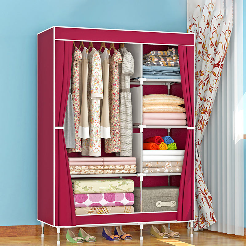 Metal Frame Home Wardrobe Modern Style Wardrobe Armoire with Shelves 35.5"L x 17"W x 65"H Burgundy Clearhalo 'Armoires & Wardrobes' 'armoires_wardrobes' 'Bedroom Furniture' 'furn' 'furn_armoires_wardrobes' 'Furniture' 5658015