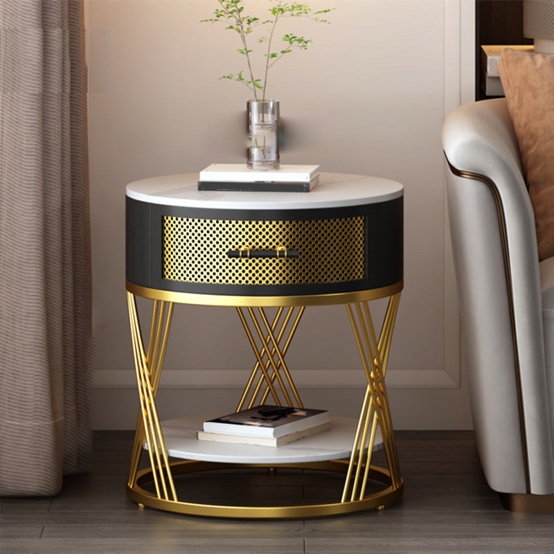 Glam Stone Top Night Table Open Rangement 1 Drawer Met-Legs inclus la table de chevet