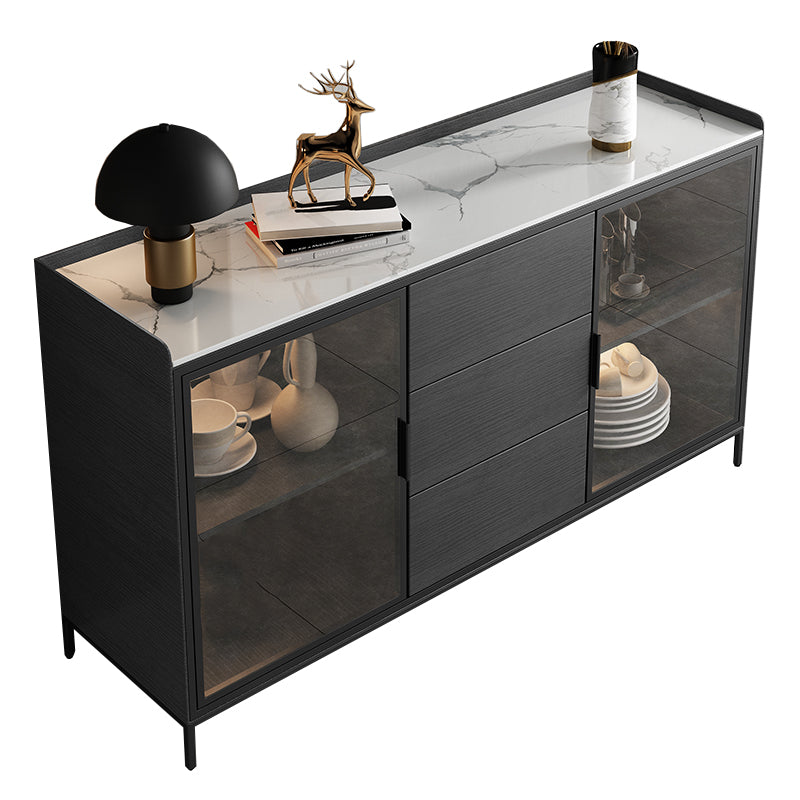 Soggiorno moderno server da pranzo in pietra e porte di vetro in legno