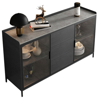 Soggiorno moderno server da pranzo in pietra e porte di vetro in legno