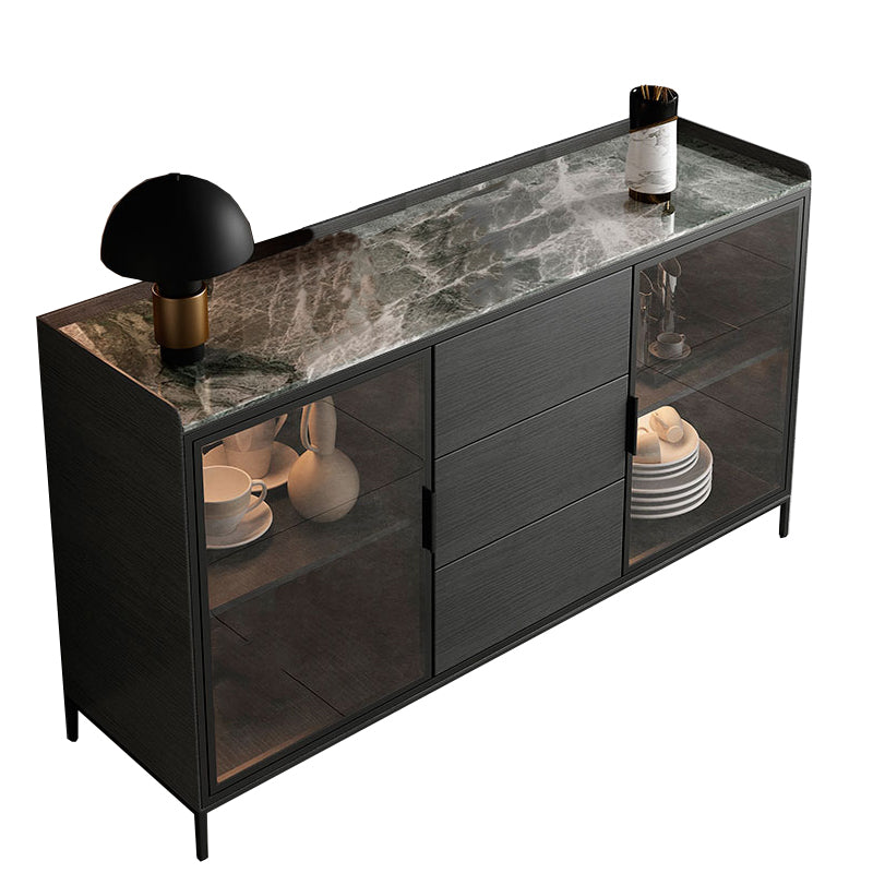 Soggiorno moderno server da pranzo in pietra e porte di vetro in legno