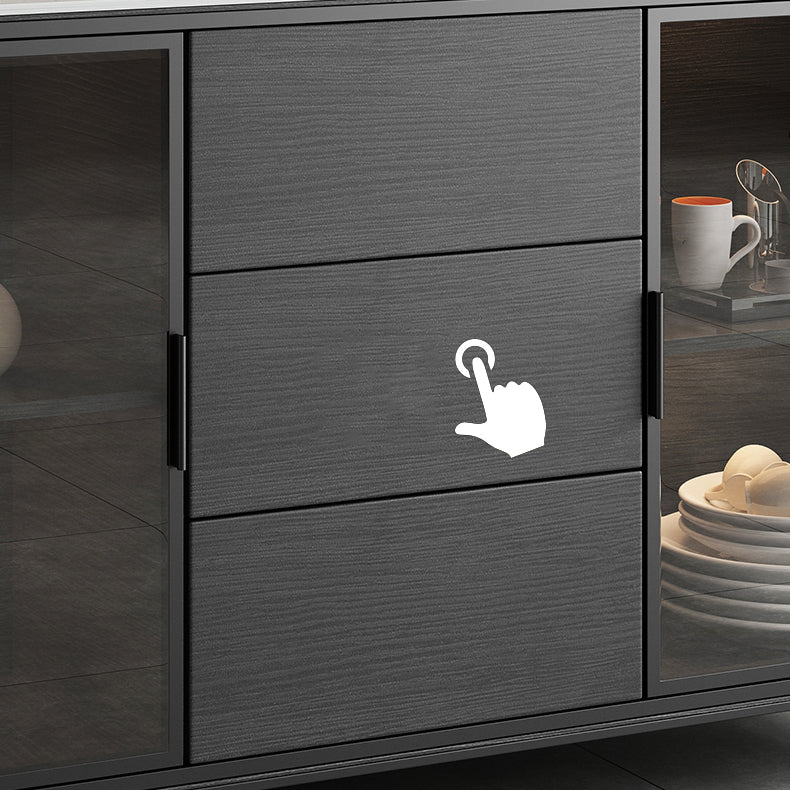 Soggiorno moderno server da pranzo in pietra e porte di vetro in legno