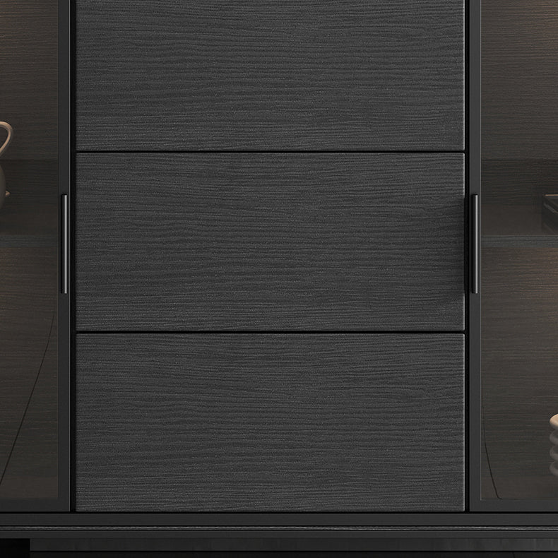 Soggiorno moderno server da pranzo in pietra e porte di vetro in legno