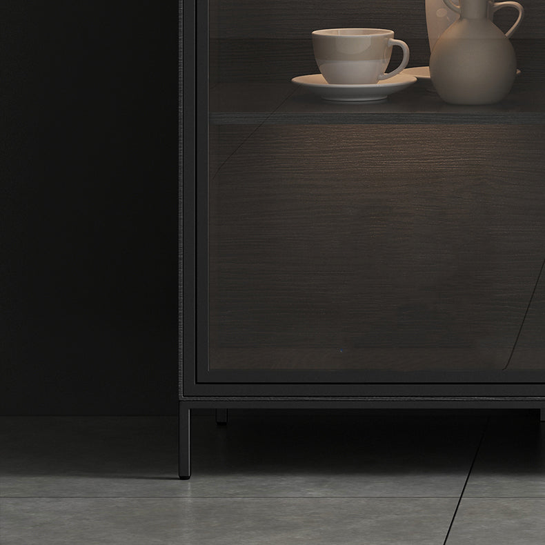 Soggiorno moderno server da pranzo in pietra e porte di vetro in legno