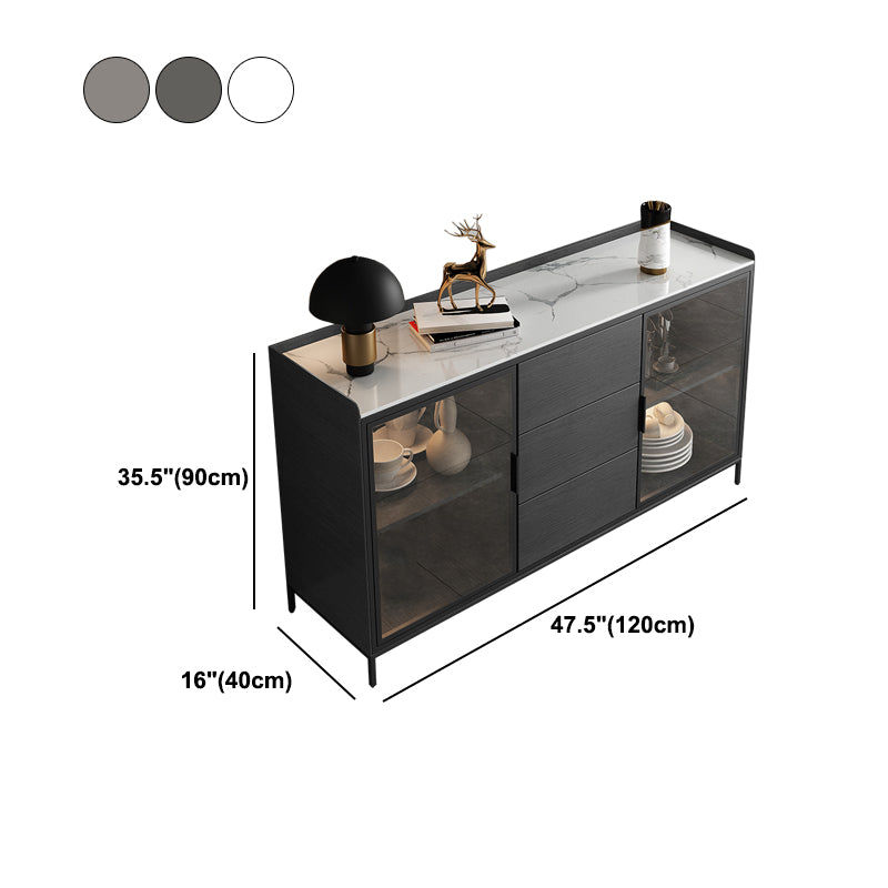Soggiorno moderno server da pranzo in pietra e porte di vetro in legno