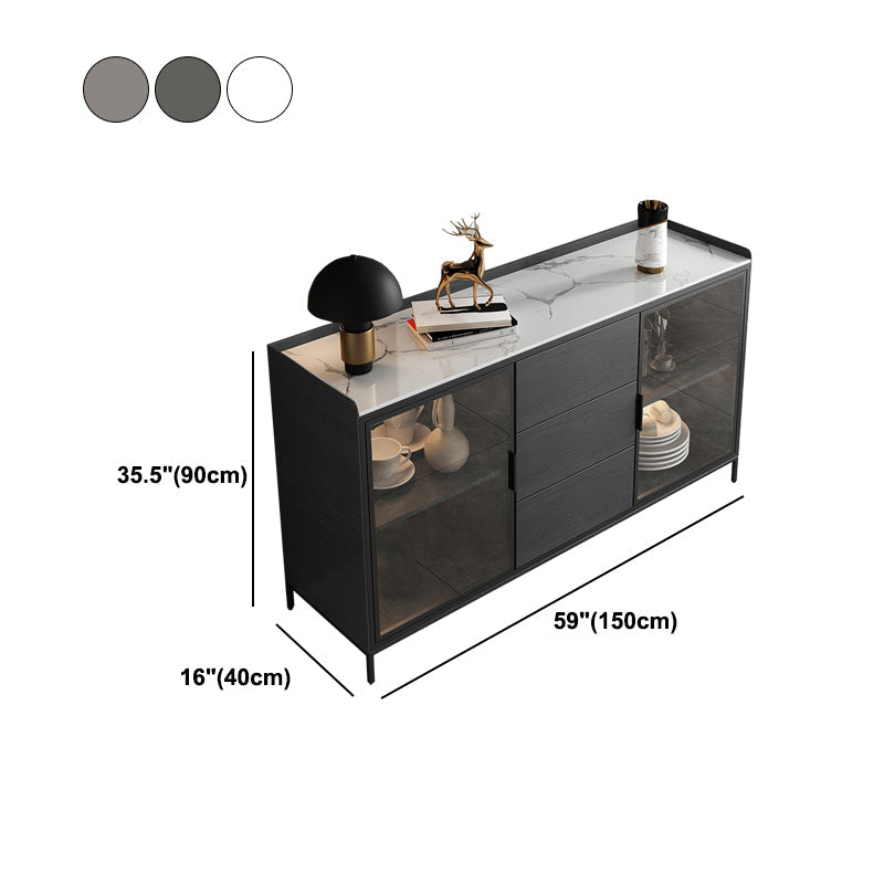 Soggiorno moderno server da pranzo in pietra e porte di vetro in legno