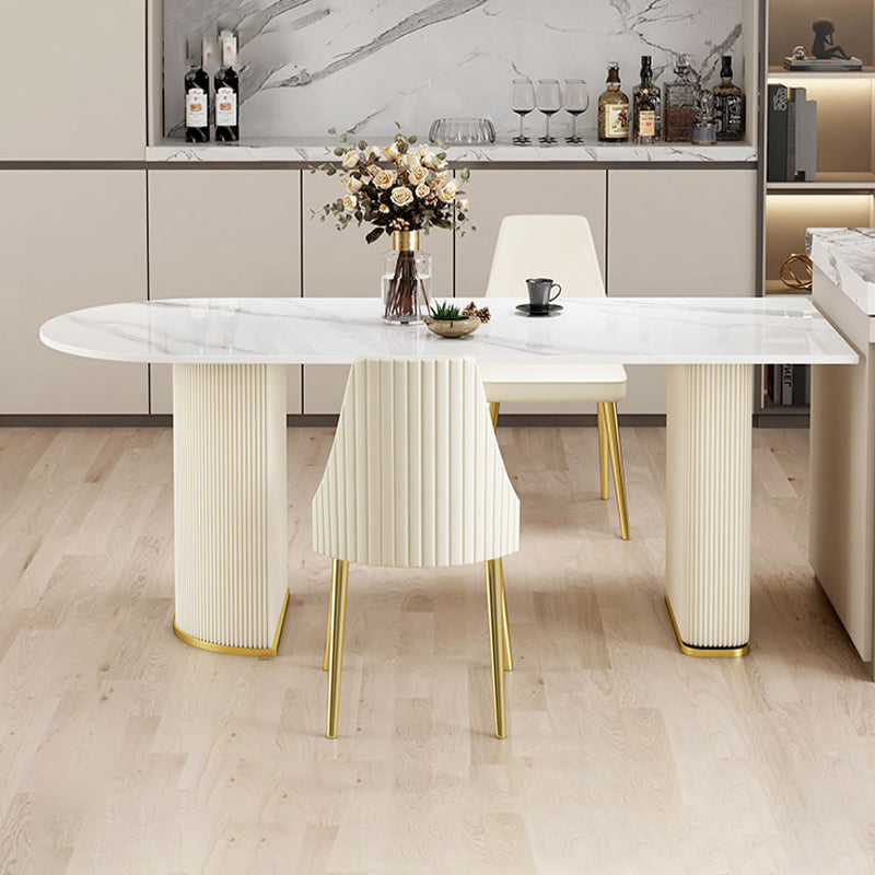 Freeform Sintered Stone White Table Luxury Double Pedestal Table for Dining Room 70.9"L x 31.5"W x 29.5"H Without Chairs Clearhalo 'Dining Tables & Seating' 'Dining Tables' 'dining_table' 'furn' 'furn_dining_table' 'Furniture' 'Kitchen & Dining Furniture' 5661380