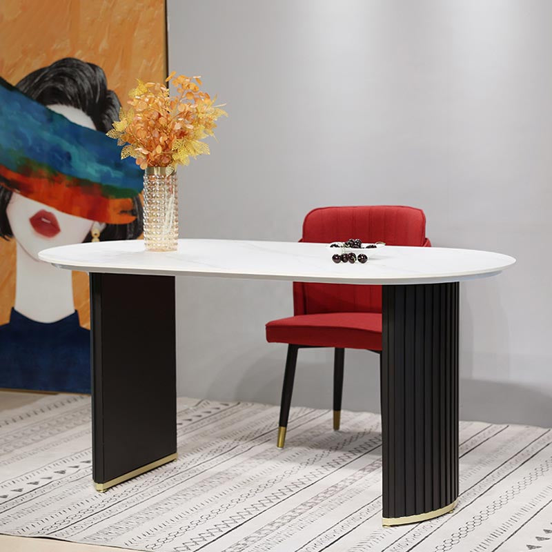 Table à manger en pierre ovale table de piédestal double luxe pour salle à manger