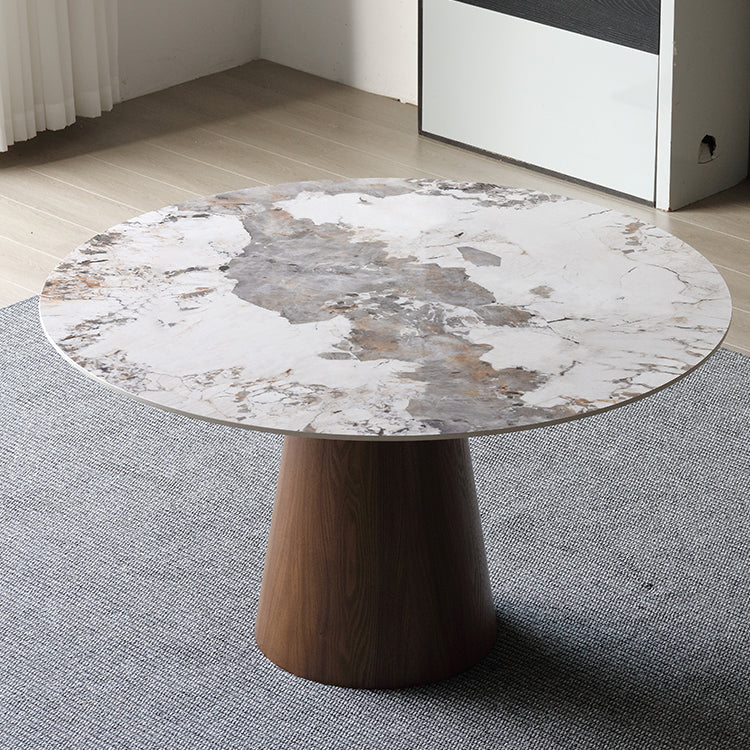 Stone Top Dining Table Modern Round Dining Table with Wood Pedestal Base without turntable 59.1"L x 59.1"W x 29.5"H Without Chairs Clearhalo 'Dining Tables & Seating' 'Dining Tables' 'dining_table' 'furn' 'furn_dining_table' 'Furniture' 'Kitchen & Dining Furniture' 5661621