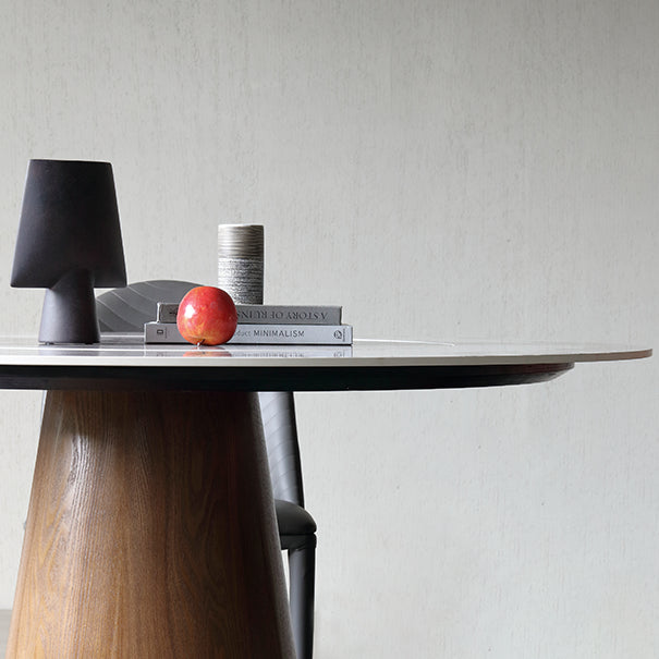 Stone Top Dining Table Modern Round Dining Table with Wood Pedestal Base without turntable Clearhalo 'Dining Tables & Seating' 'Dining Tables' 'dining_table' 'furn' 'furn_dining_table' 'Furniture' 'Kitchen & Dining Furniture' 5661623