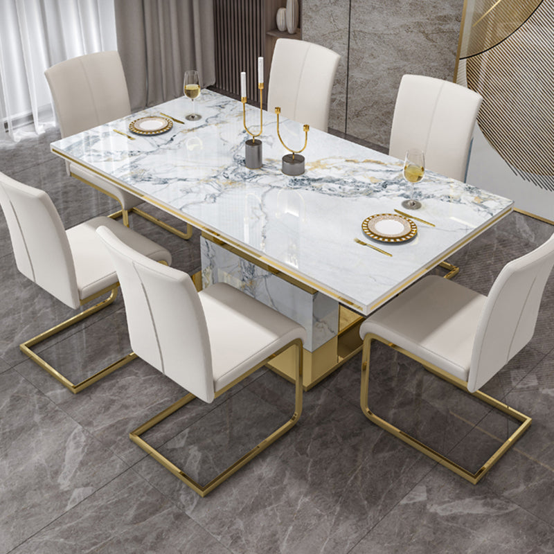 Luxury Sintered Stone Top Table Rectangle Table with Gold Pedestal 55.1"L x 31.5"W x 29.5"H Without Chairs Clearhalo 'Dining Tables & Seating' 'Dining Tables' 'dining_table' 'furn' 'furn_dining_table' 'Furniture' 'Kitchen & Dining Furniture' 5661656