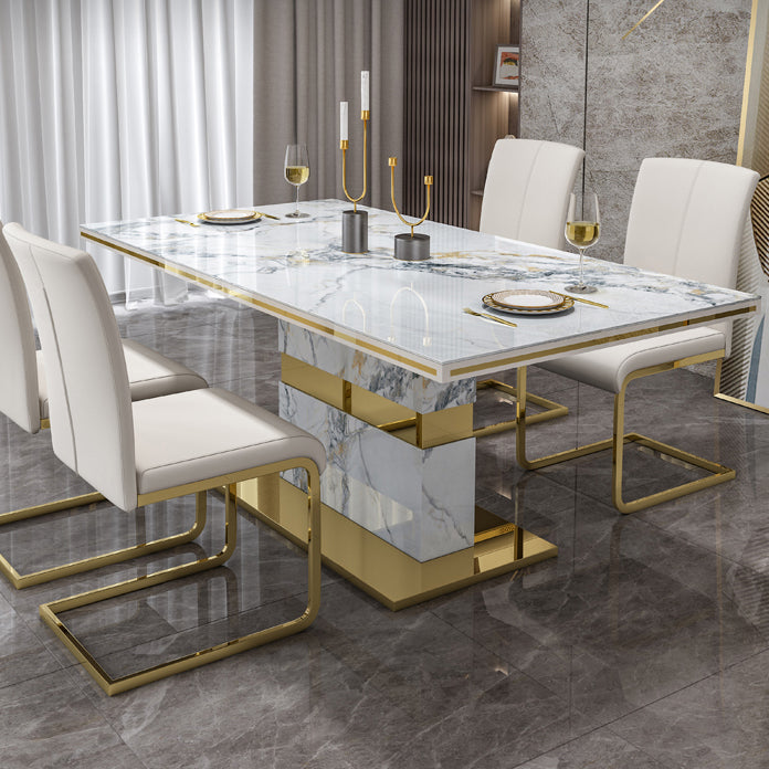Luxury Sintered Stone Top Table Rectangle Table with Gold Pedestal 63"L x 35.4"W x 29.5"H Without Chairs Clearhalo 'Dining Tables & Seating' 'Dining Tables' 'dining_table' 'furn' 'furn_dining_table' 'Furniture' 'Kitchen & Dining Furniture' 5661657