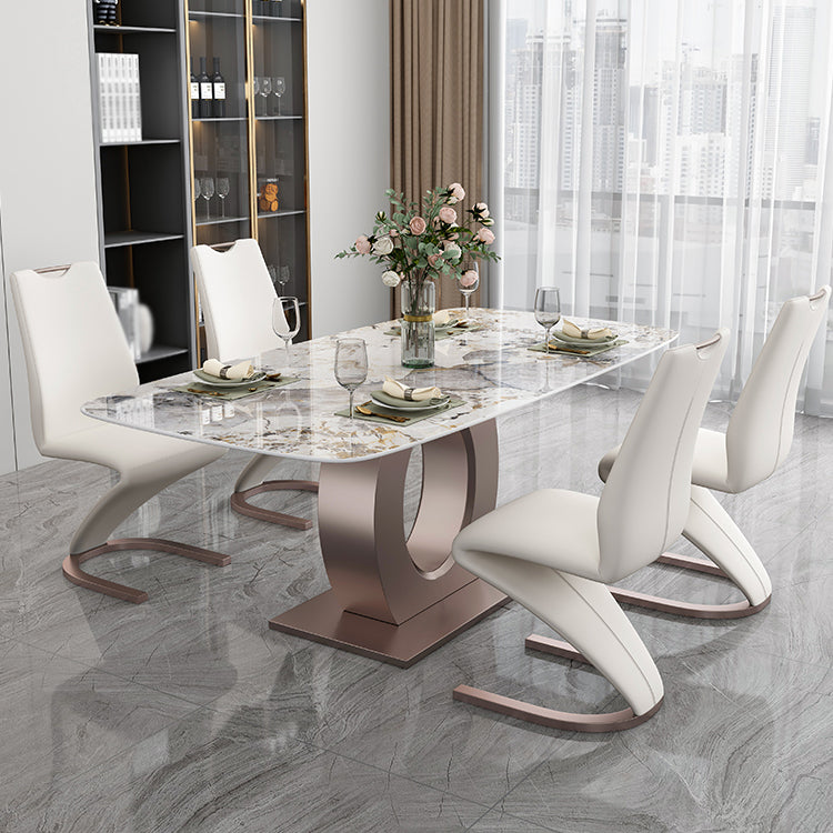 Luxury Sintered Stone Top Table Rectangle Table with Single Pedestal in Rose Gold 63"L x 35.4"W x 29.5"H Without Chairs Clearhalo 'Dining Tables & Seating' 'Dining Tables' 'dining_table' 'furn' 'furn_dining_table' 'Furniture' 'Kitchen & Dining Furniture' 5661710