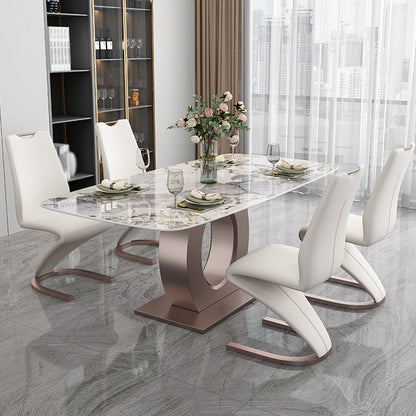 Luxury Sintered Stone Top Table Rectangle Table with Single Pedestal in Rose Gold 63"L x 35.4"W x 29.5"H Without Chairs Clearhalo 'Dining Tables & Seating' 'Dining Tables' 'dining_table' 'furn' 'furn_dining_table' 'Furniture' 'Kitchen & Dining Furniture' 5661710