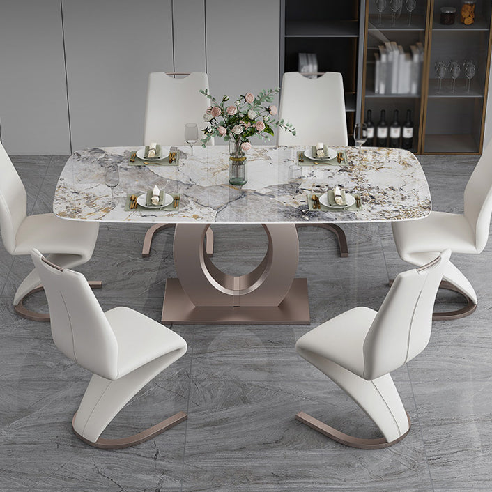 Luxury Sintered Stone Top Table Rectangle Table with Single Pedestal in Rose Gold 55.1"L x 31.5"W x 29.5"H Without Chairs Clearhalo 'Dining Tables & Seating' 'Dining Tables' 'dining_table' 'furn' 'furn_dining_table' 'Furniture' 'Kitchen & Dining Furniture' 5661711