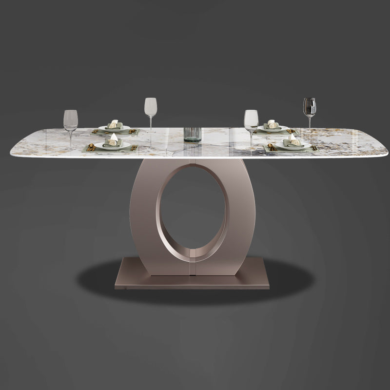 Luxury Sintered Stone Top Table Rectangle Table with Single Pedestal in Rose Gold Clearhalo 'Dining Tables & Seating' 'Dining Tables' 'dining_table' 'furn' 'furn_dining_table' 'Furniture' 'Kitchen & Dining Furniture' 5661716