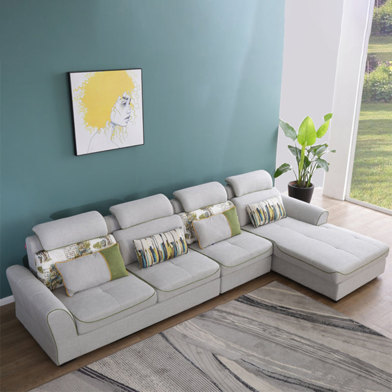 Modern Biscuit Back Sofa with Chaise Linen/Faux Leather Flared Arm Sofa in Gray