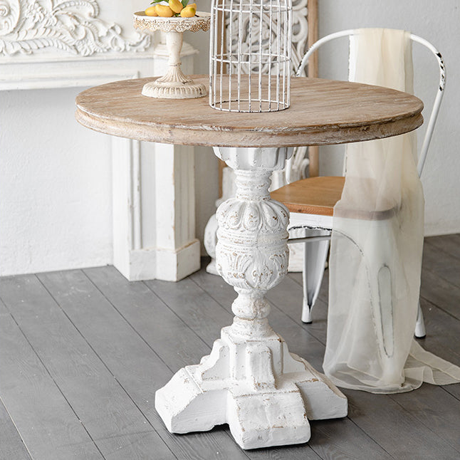 Mesa de cóctel envejecida de estilo francés, mesa de centro con pedestal de madera para el hogar