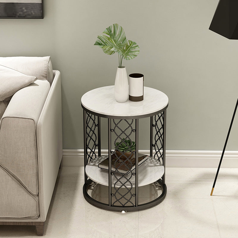 21.6" Tall Modern Round Slate Top Side Table Iron Frame End Table with Shelf