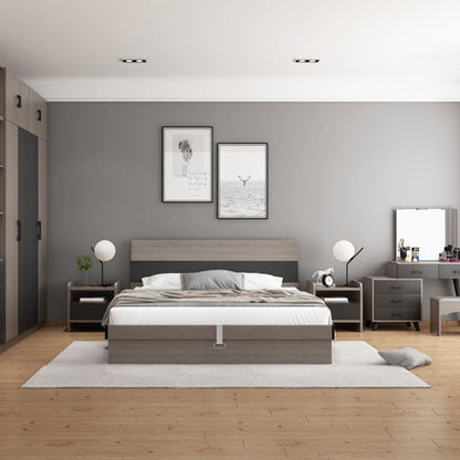 Cama estándar gris moderna con cabecera y piernas rectangulares