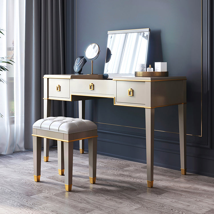 Solid Wood Make-up Vanity Mirrored Vanity Set with Padded Stool Makeup Vanity & Stools 39"L x 20"W x 31"H Off-White Clearhalo 'Bedroom Furniture' 'furn' 'furn_makeup_vanities' 'Furniture' 'Makeup Vanities' 'makeup_vanities' 5666033