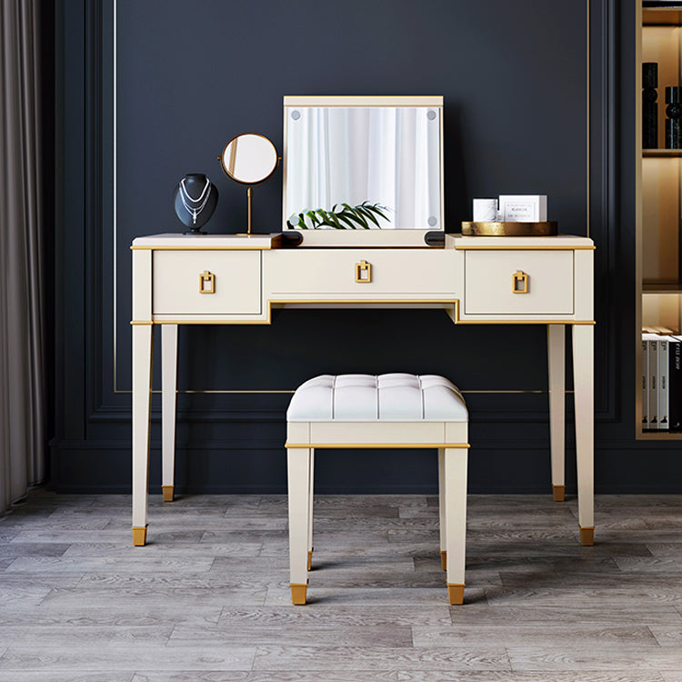 Solid Wood Make-up Vanity Mirrored Vanity Set with Padded Stool Makeup Vanity & Stools 47"L x 20"W x 31"H Off-White Clearhalo 'Bedroom Furniture' 'furn' 'furn_makeup_vanities' 'Furniture' 'Makeup Vanities' 'makeup_vanities' 5666039